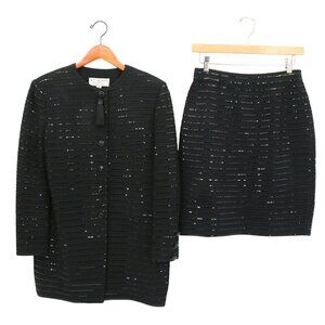 St. John Evening Black Santana Knit Jacket Skirt Suit Set Striped Tassel 4/6